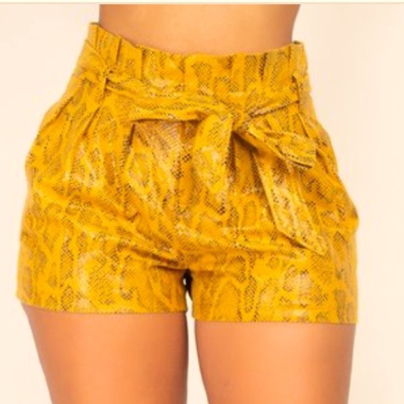 New On Trend Mustard Faux Leather Snake Skin High Waisted Paper Bag Shorts - Picture 1 of 3